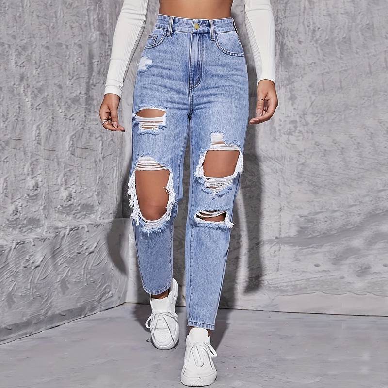 Buycenter Casual High Waist Ripped Denim Trousers for Women - Stylish Fit - Buy Center