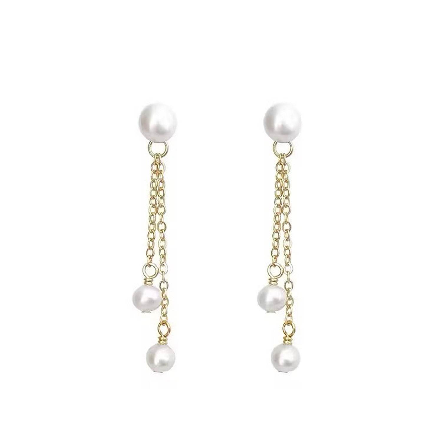 Natural Pearl Long Tassel Earrings - 14K Gold Accent, Korean Style - Buy Center