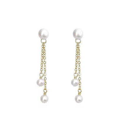 Natural Pearl Long Tassel Earrings - 14K Gold Accent, Korean Style - Buy Center