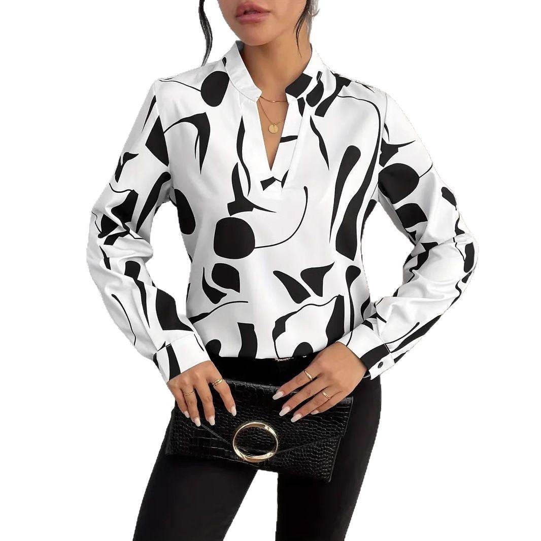 Buycenter Women's Notched Collar Long Sleeve Shirt - Printed Blouse - Buy Center