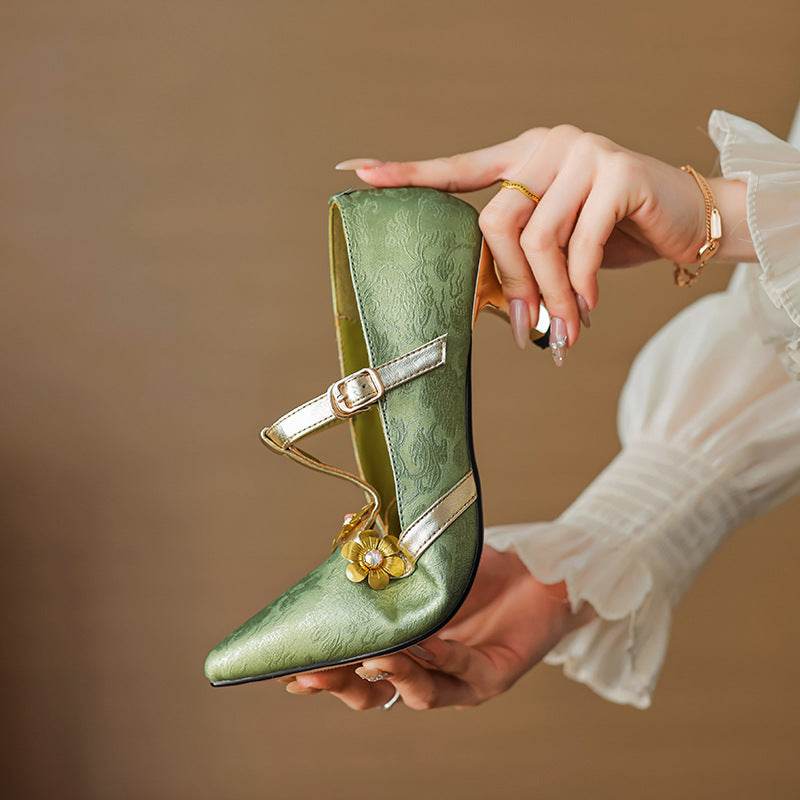 T-Shaped Flower Leather High Heel Pumps - Stylish Comfort for Every Occasion - Buy Center