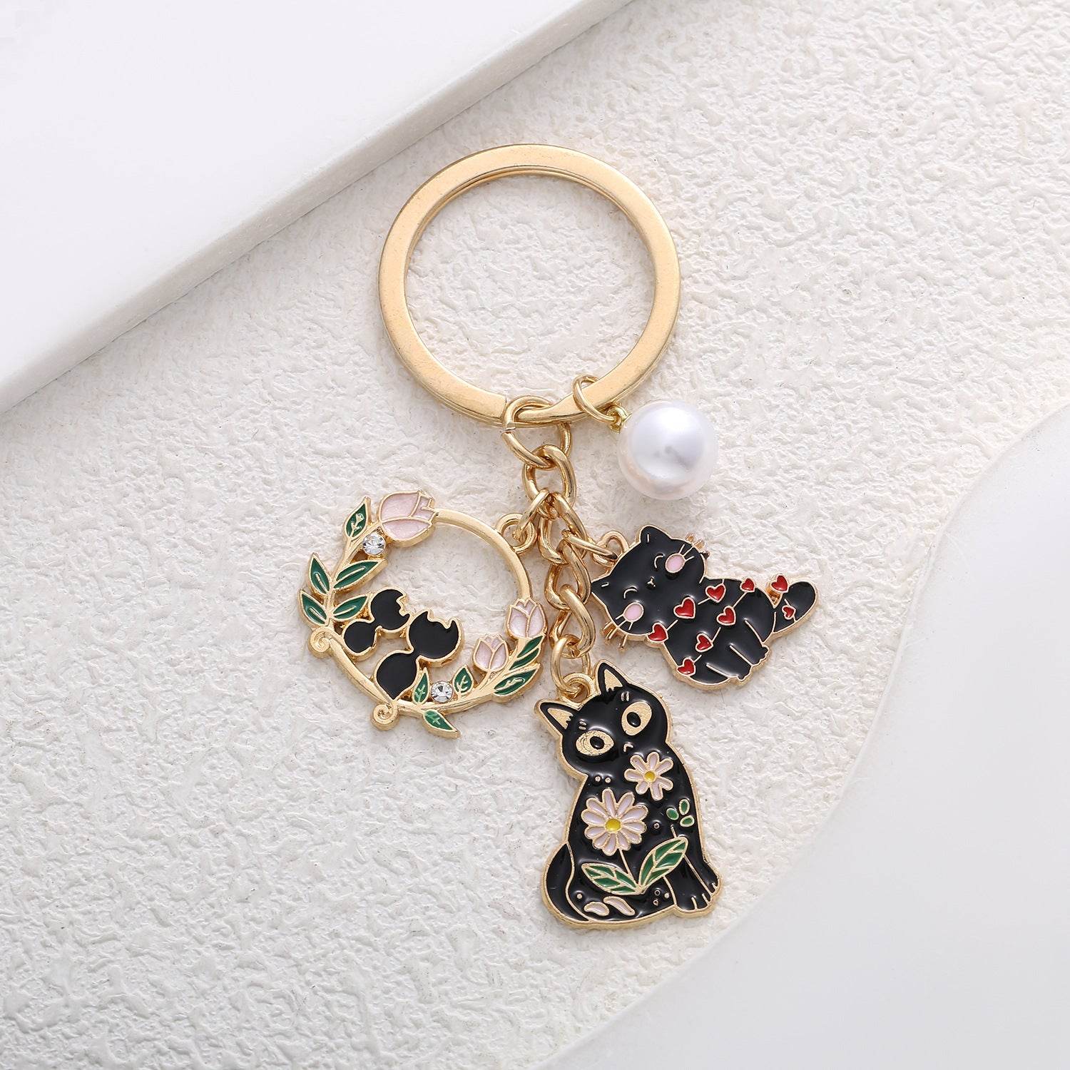 Cute Black Cat Wreath Pearl Keychain - Stylish Pendant for Cat Lovers - Buy Center