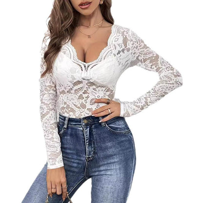 Buycenter Elegant V-neck Lace Blazer - Long Sleeve Pullover Top - Buy Center