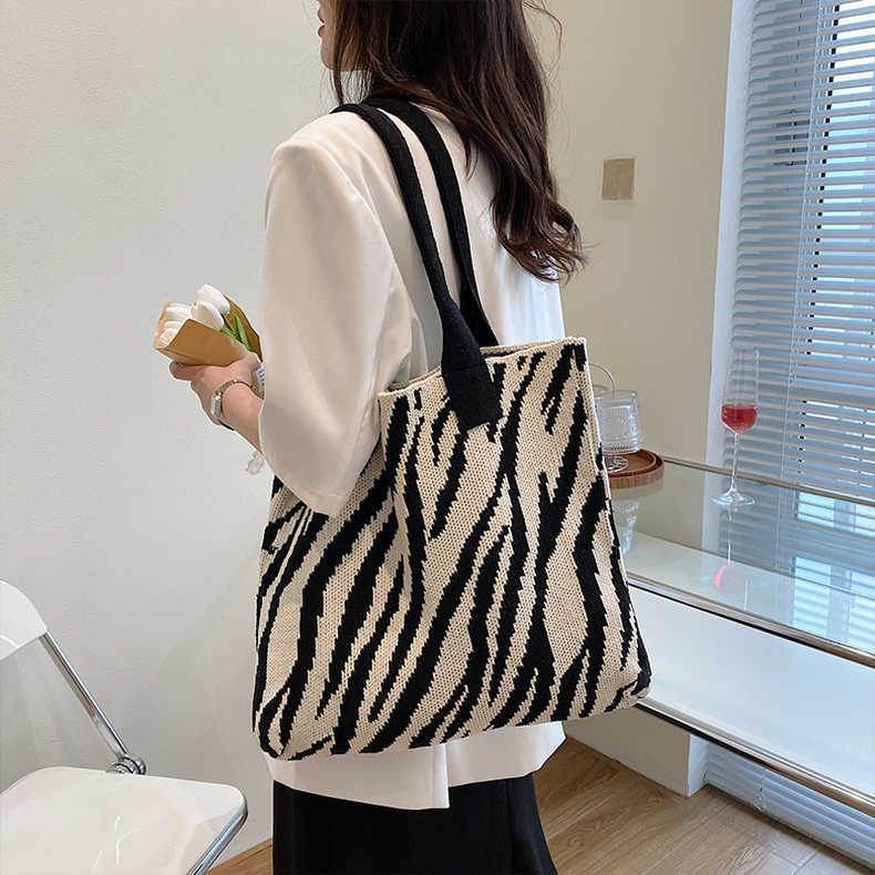 Large Capacity Zebra Pattern Tote Bag - Stylish Knitted Design for Women - Buy Center