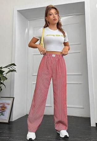 Women's High Waist Striped Wide Leg Pants - Casual Cotton Trousers 2025 - Buy Center