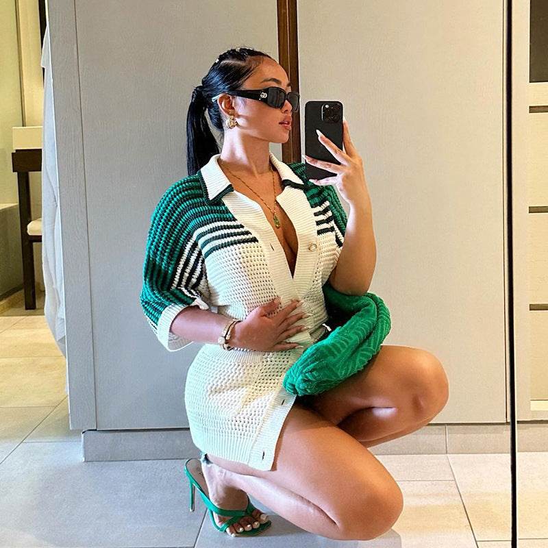 Buycenter Women's Striped Wool Top - Loose Fit Lapel Cardigan Blazer - Buy Center