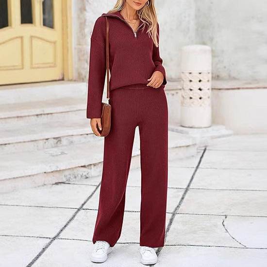 Buycenter Autumn Winter Knitting Two-Piece Set - Zipper Sweater & Pants - Buy Center