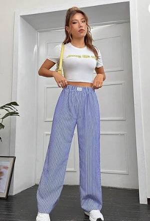 Women's High Waist Striped Wide Leg Pants - Casual Cotton Trousers 2025 - Buy Center