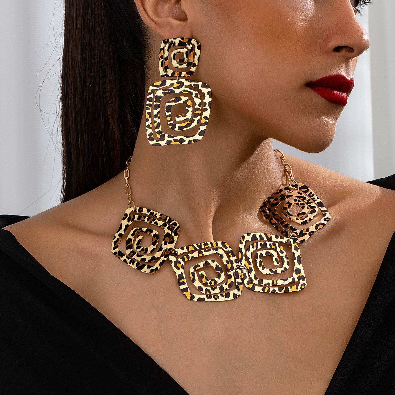 Geometric Leopard Print Jewelry Set - Trendy Spiral Earrings & Necklace - Buy Center