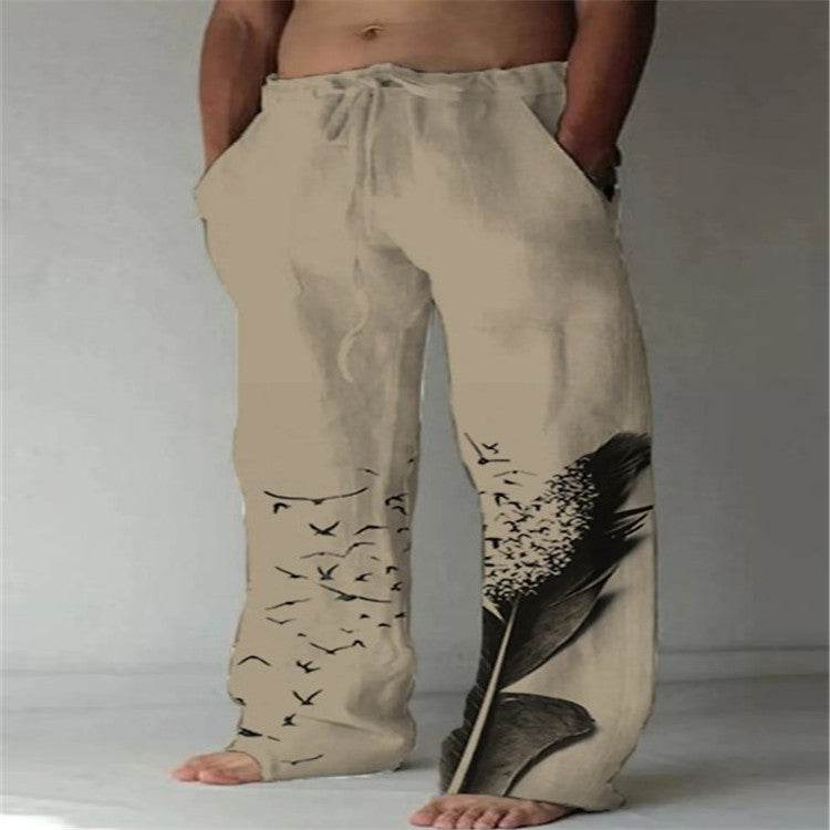 Men's Cotton Linen Printed Drawstring Trousers - Stylish Comfortable Fit - Buy Center