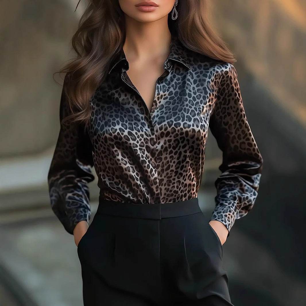 High Elastic Satin Leopard Print Loose Shirt - Casual Cardigan Style 2025 - Buy Center