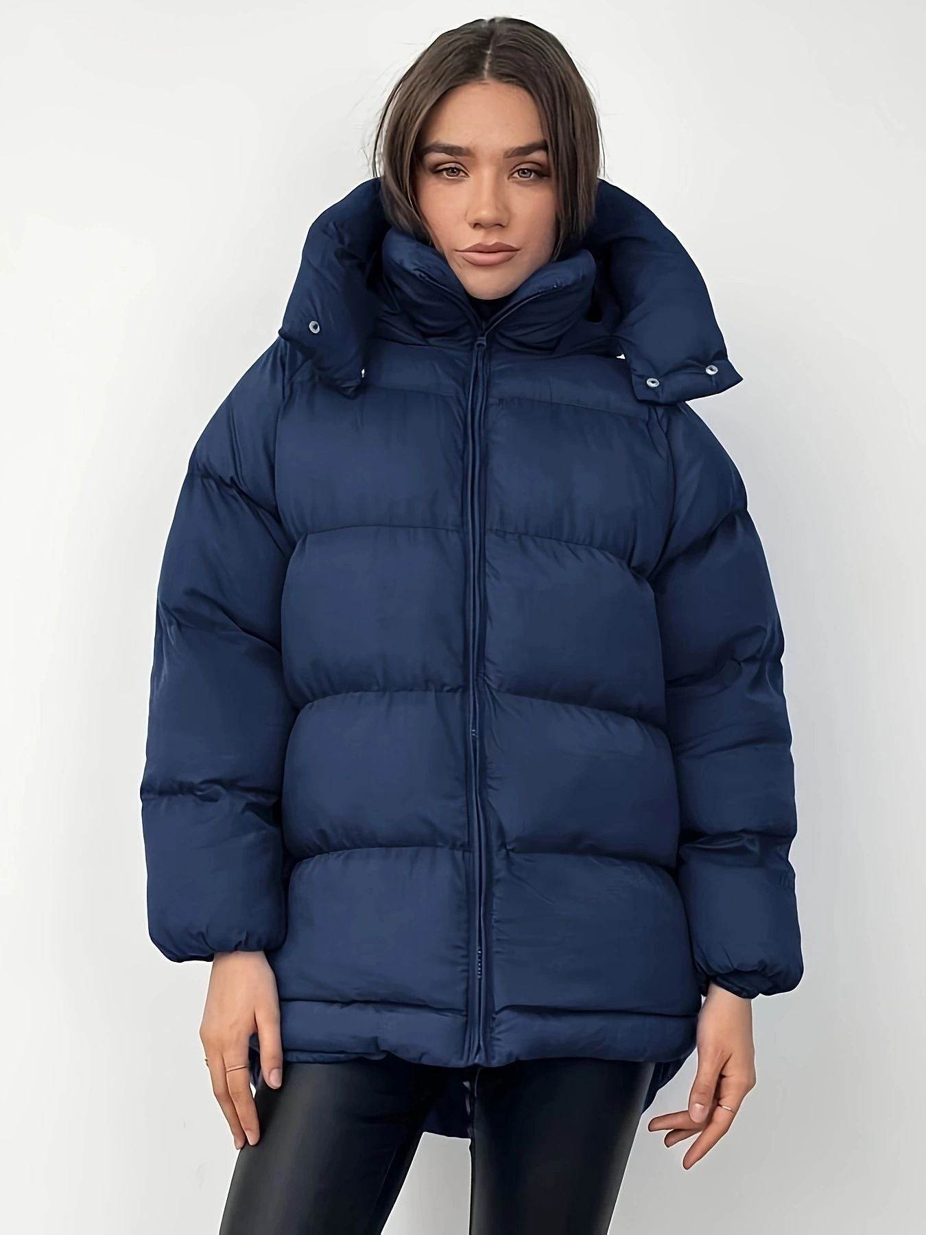 Women's Cotton-Padded Jacket - Warm Mid-Length Coat in Black & Blue - Buy Center