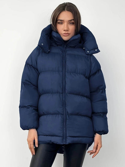 Women's Cotton-Padded Jacket - Warm Mid-Length Coat in Black & Blue - Buy Center