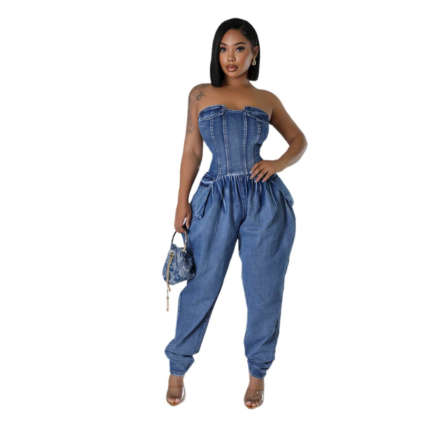 Women's High Elastic Denim Jumpsuit - Fashion Tube Top Romper 2025 - Buy Center