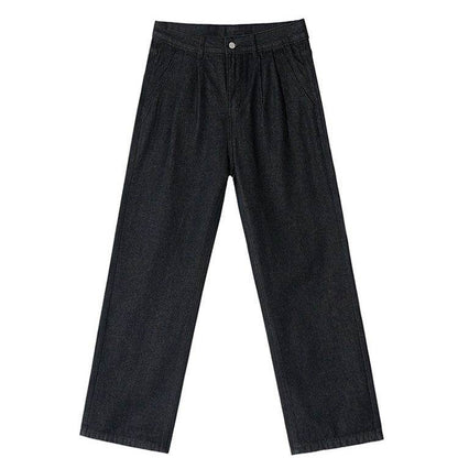 Men's Casual Loose-Fitting Straight Jeans - Black Wide-Leg Trousers - Buy Center