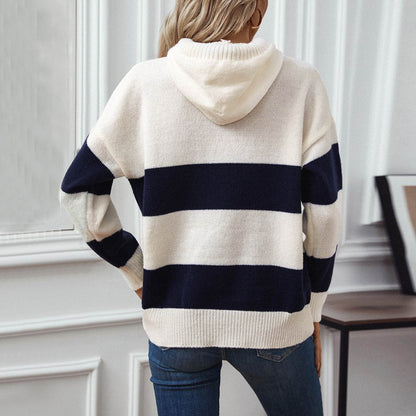 Stylish Hooded Pullover Sweater for Women - Trendy Color Contrast Design - Buy Center