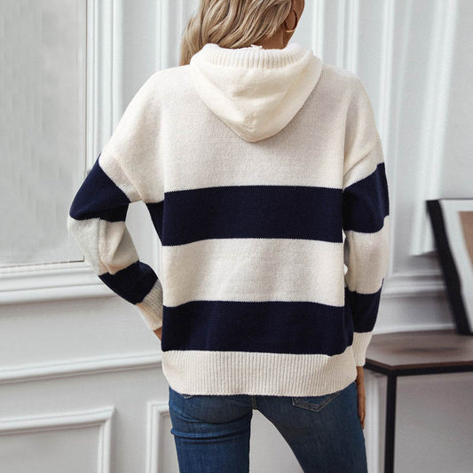Stylish Hooded Pullover Sweater for Women - Trendy Color Contrast Design - Buy Center