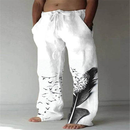 Men's Cotton Linen Printed Drawstring Trousers - Stylish Comfortable Fit - Buy Center