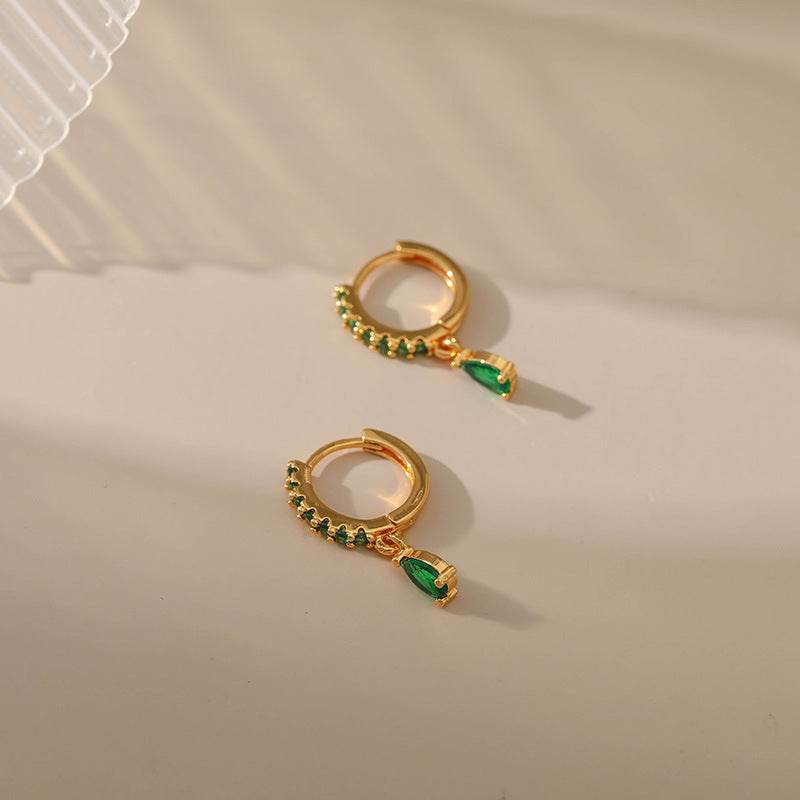 Vintage 18K Gold Circle Earrings with Emerald - Elegant Drop Style - Buy Center