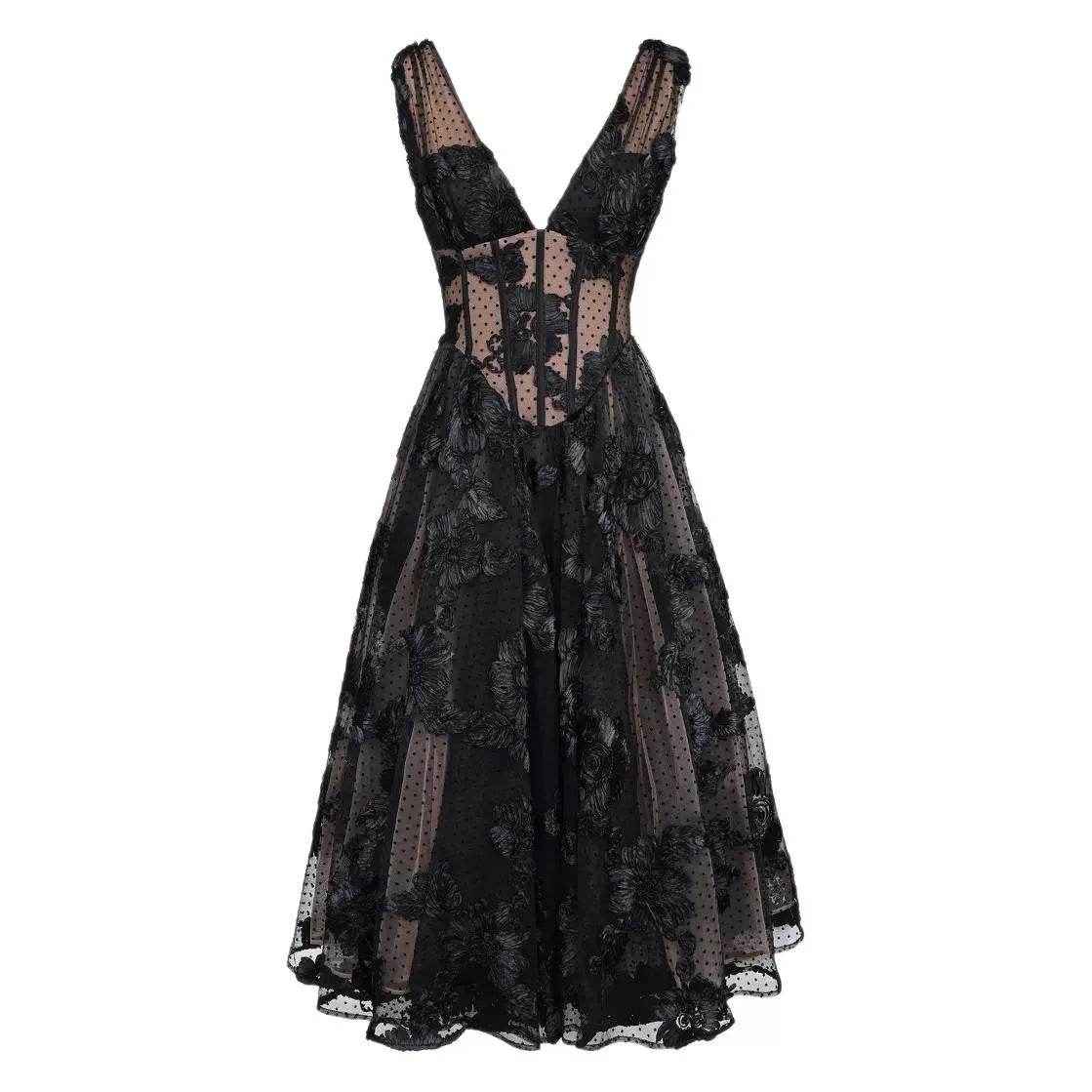 Buycenter Black Deep V-Neck A-Line Evening Dress - High-End Lace Design - Buy Center