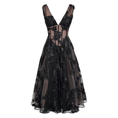Buycenter Black Deep V-Neck A-Line Evening Dress - High-End Lace Design - Buy Center