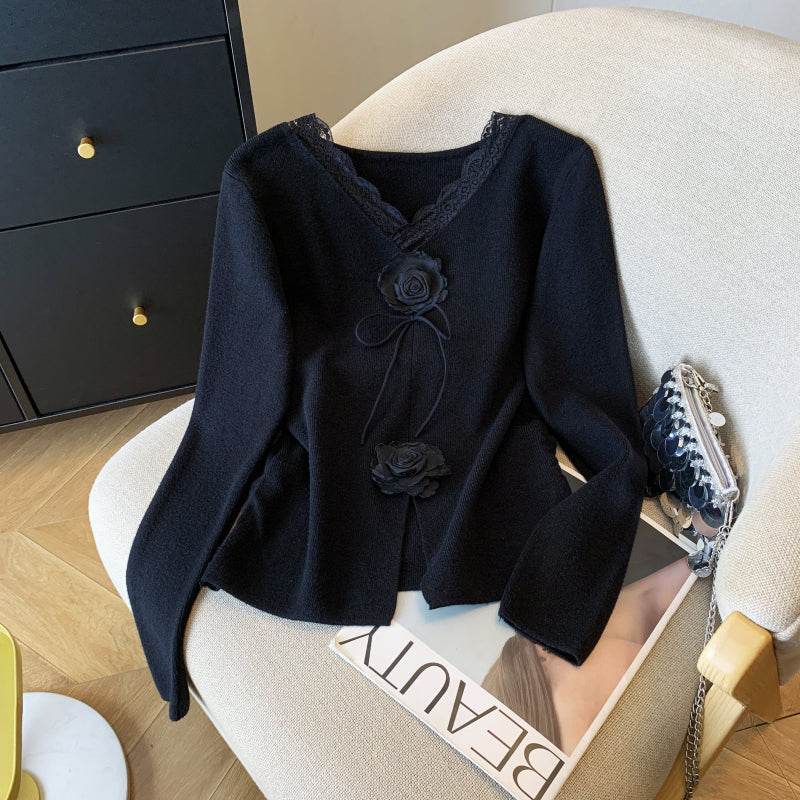 Buycenter Women's Lace V-neck Long Sleeve Knitwear - Slim Fit Pullover - Buy Center