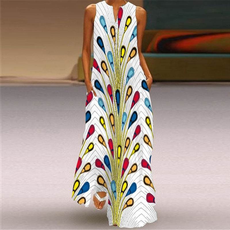 Digital Printed V-neck Maxi Dress - Sleeveless for Women in Vibrant Styles - Buy Center