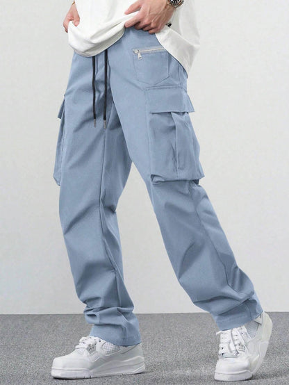 Casual Multi-Pocket Men's Overalls - Solid Color & Mid-Waist Style - Buy Center