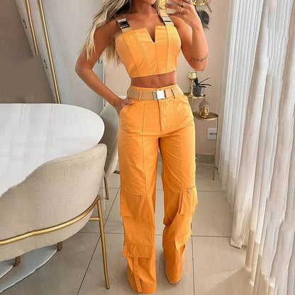Buycenter Two-Piece Set - Elegant Crop Top & High Waist Pants, Orange - Buy Center