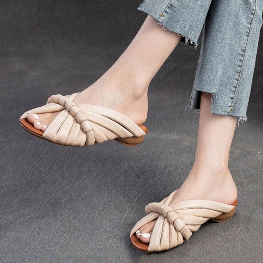 Women's Genuine Leather Flat Slippers - Trendy Single Strap Slide Style - Buy Center