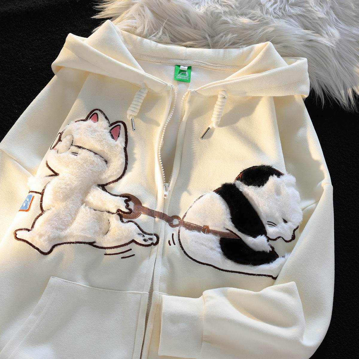 Cartoon Cat Zipper Sweater for Women - Casual Loose Fit Hoodie in Apricot - Buy Center