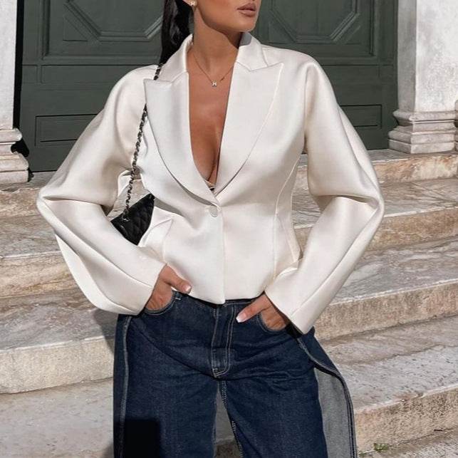 Buycenter Women's Silk Satin Suit Jacket - Stylish One-Button Blazer - Buy Center