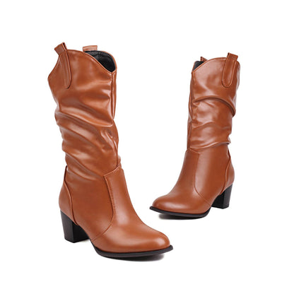 Women's Fashion Leather Boots - Mid-Calf, Chunky Heel Comfort for 2025 - Buy Center