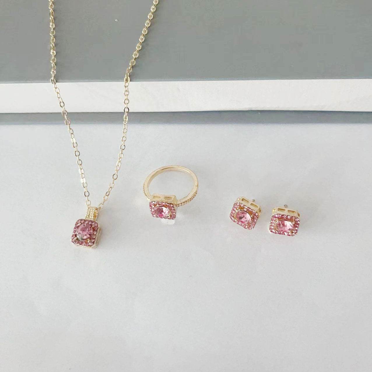 Square Women's Fashion Jewelry Set - Necklace, Earrings & Ring Trio - Buy Center