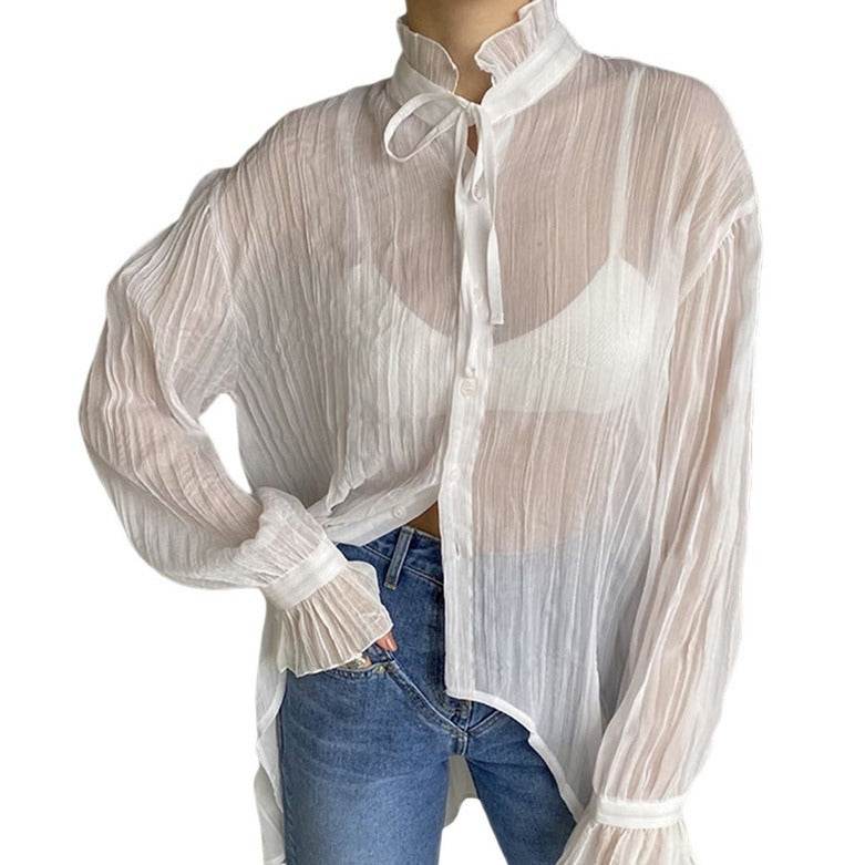 Loose Flared White Cotton Blazer - Trendy Bell Sleeve Fashion Top - Buy Center