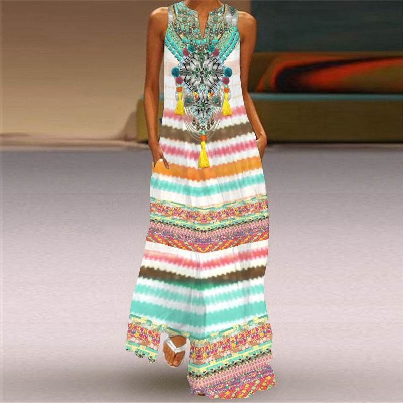 Digital Printed V-neck Maxi Dress - Sleeveless for Women in Vibrant Styles - Buy Center