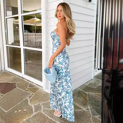 Buycenter Tube Top Backless Dress - Slim Fit Green & Yellow Print - Buy Center