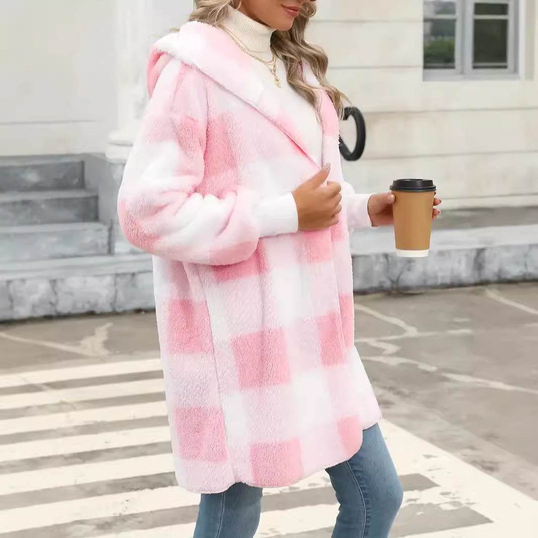 Fashion Special Women's Plaid Plush Coat - Stylish Pink, Black, Red Options - Buy Center