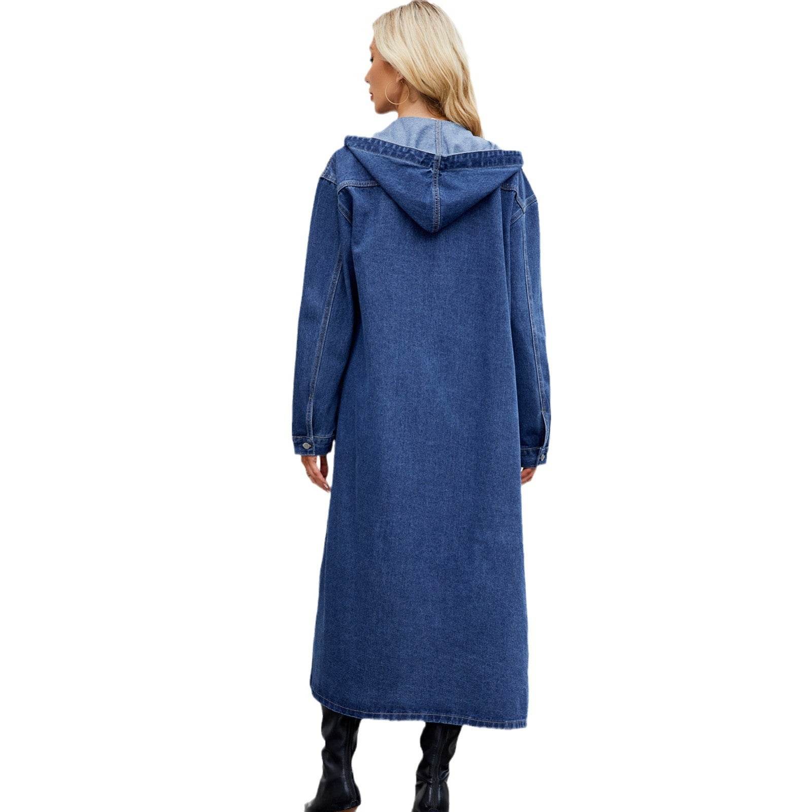 Buycenter Women's Washed Hooded Denim Coat - Long Loose Fit, Blue - Buy Center