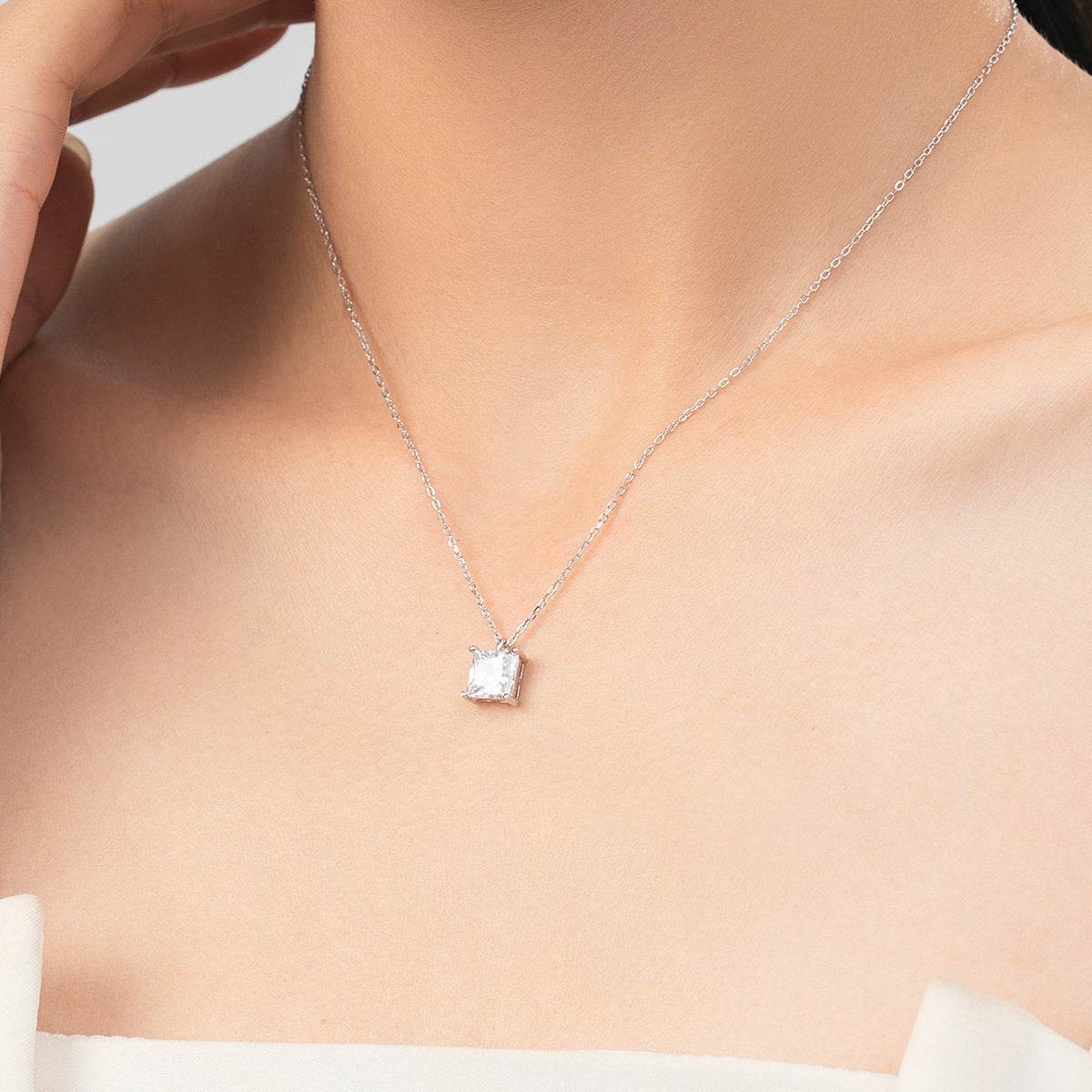 BuyCenter Sterling Silver Geometric Necklace - Shiny Square Zircon Pendant - Buy Center