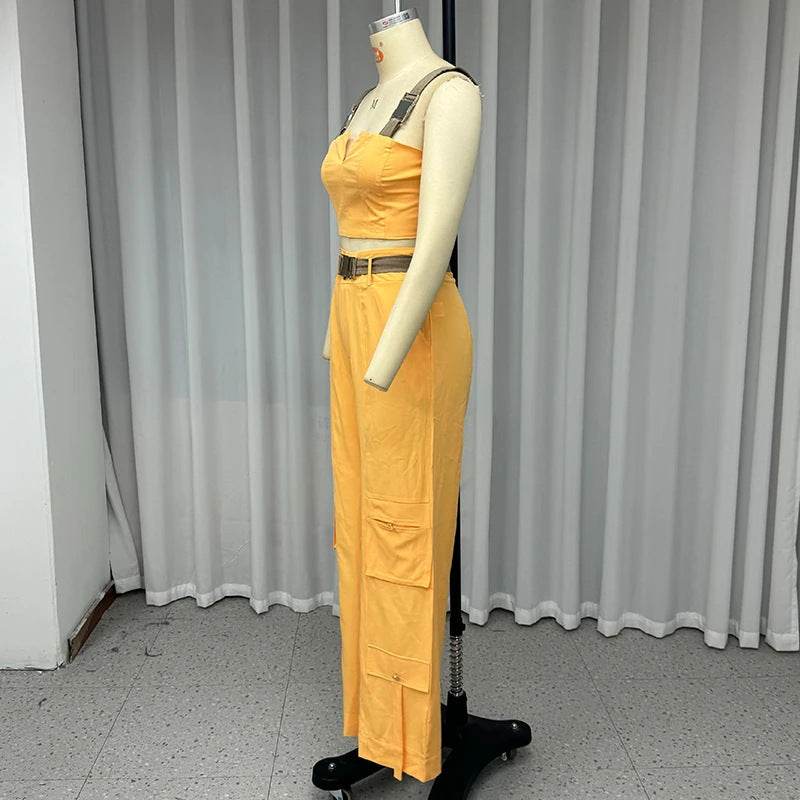 Buycenter Two-Piece Set - Elegant Crop Top & High Waist Pants, Orange - Buy Center