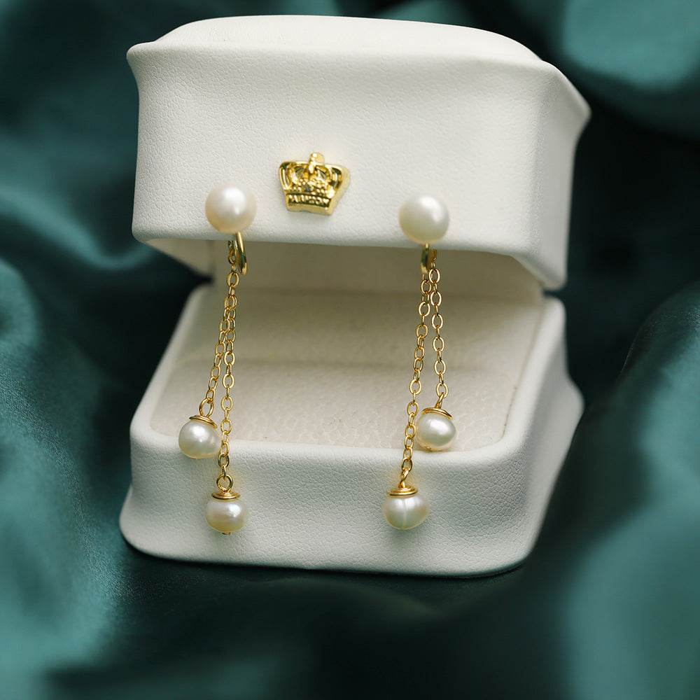 Natural Pearl Long Tassel Earrings - 14K Gold Accent, Korean Style - Buy Center