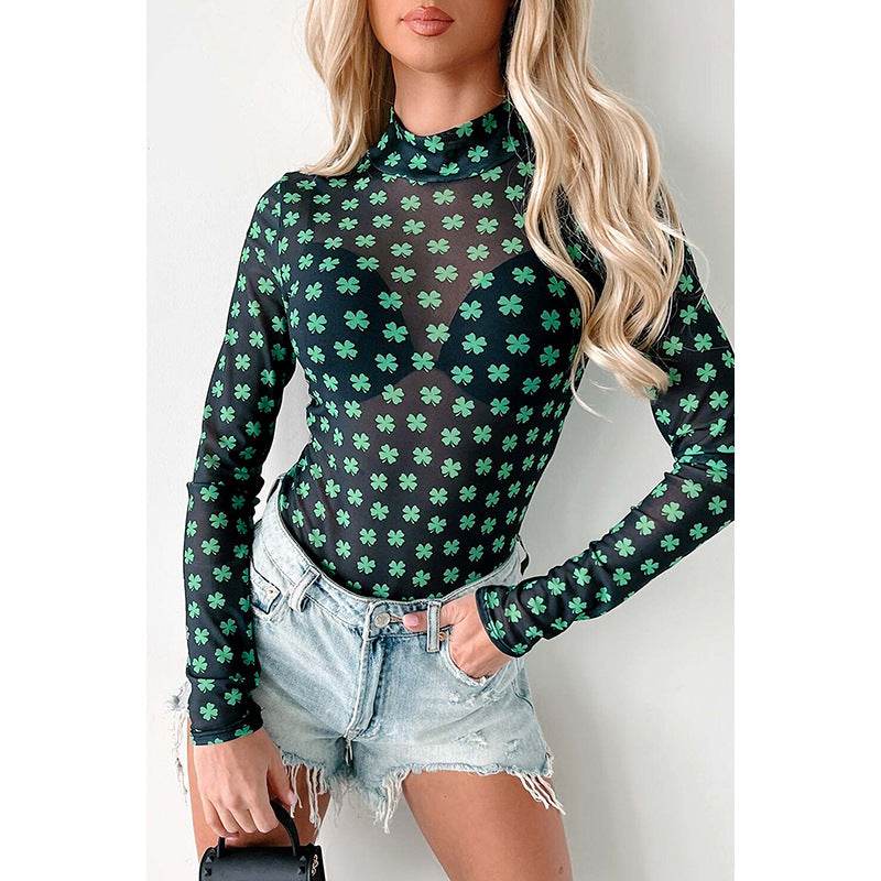 Clover Print See-Through Jumpsuit - Trendy Slim Fit European Fashion - Buy Center