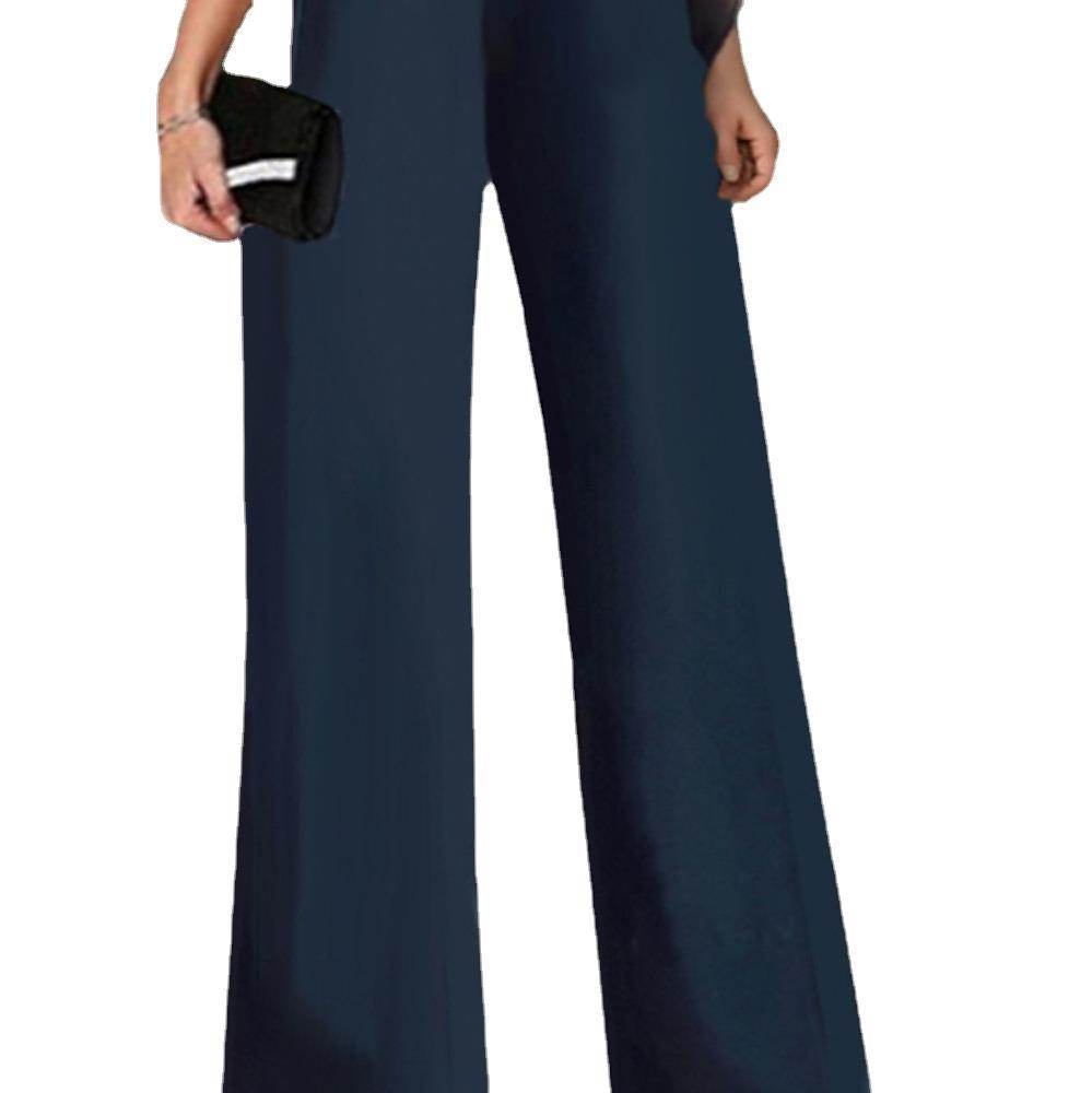 Elegant Women's Short-Sleeved Jumpsuit - High Waist Romper in Dark Blue - Buy Center