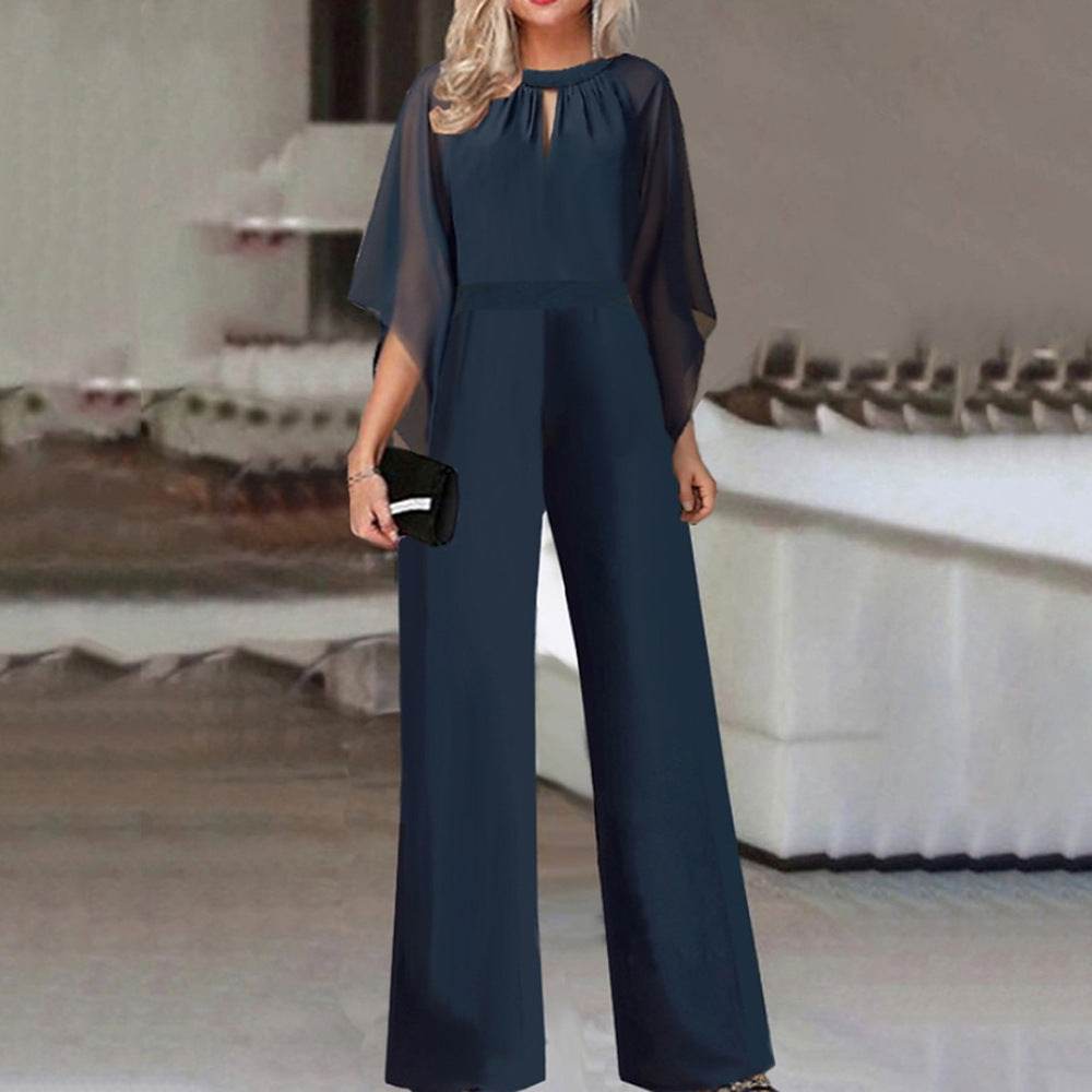 Elegant Women's Short-Sleeved Jumpsuit - High Waist Romper in Dark Blue - Buy Center