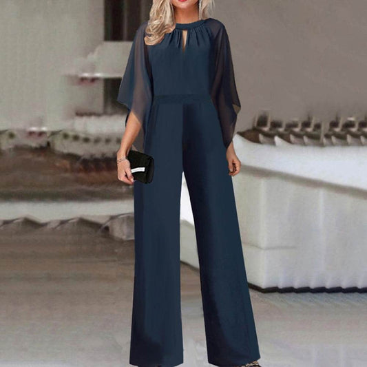 Elegant Women's Short-Sleeved Jumpsuit - High Waist Romper in Dark Blue - Buy Center
