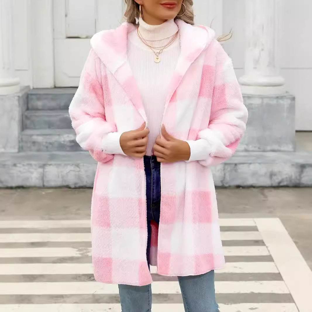 Fashion Special Women's Plaid Plush Coat - Stylish Pink, Black, Red Options - Buy Center