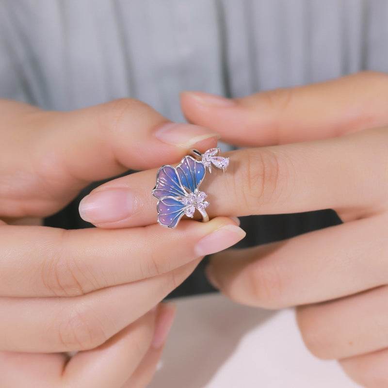 Women's Gradient Oil Dripping Petal Ring - Elegant Silver Flower Design - Buy Center