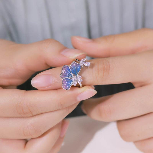 Women's Gradient Oil Dripping Petal Ring - Elegant Silver Flower Design - Buy Center