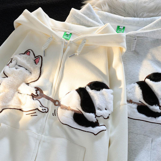 Cartoon Cat Zipper Sweater for Women - Casual Loose Fit Hoodie in Apricot - Buy Center